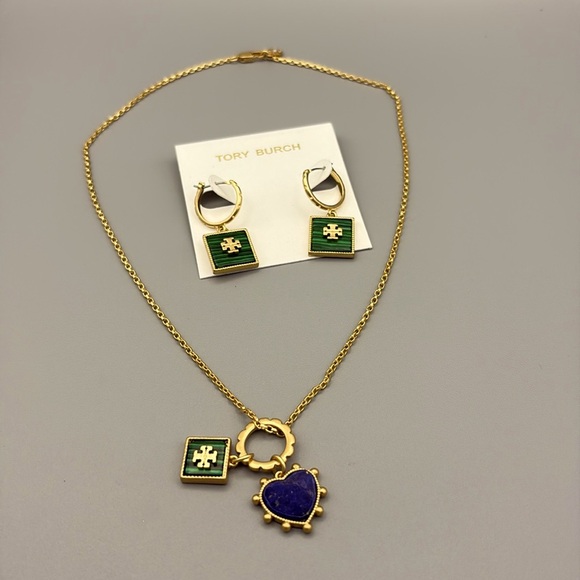 Tory Burch Heart and Square Charm Necklace & Earrings in Semiprecious Stone - Picture 1 of 7
